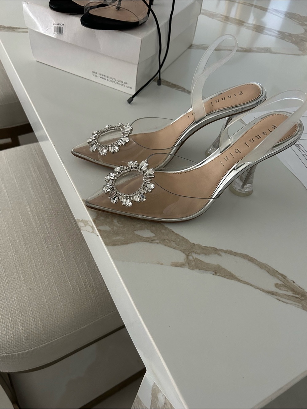 Gianni Bini Clear PVC Slingback Heels with Silver Crystal Rosette